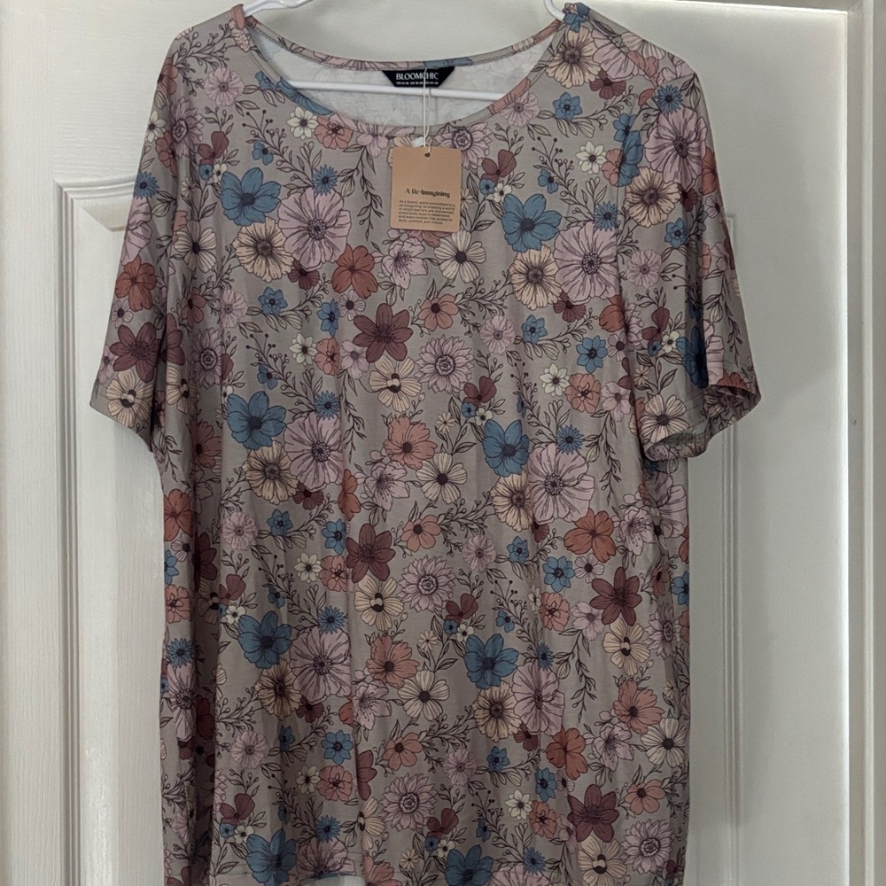 BloomChic Floral Short Sleeve Top - Blue, Pink, Brown